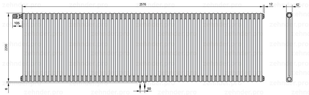 Схема (чертеж) Радиатор Zehnder Charleston 2220/56 №V007 Белый глянцевый RAL 9016